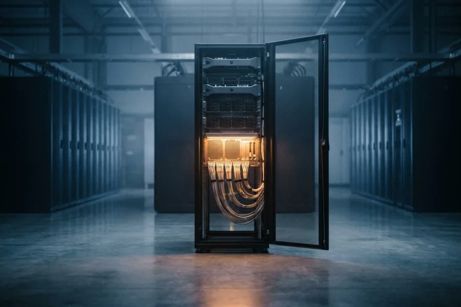 Server rack interior with one TPU module glowing amber, symbolizing the Google Anthropic compute investment
