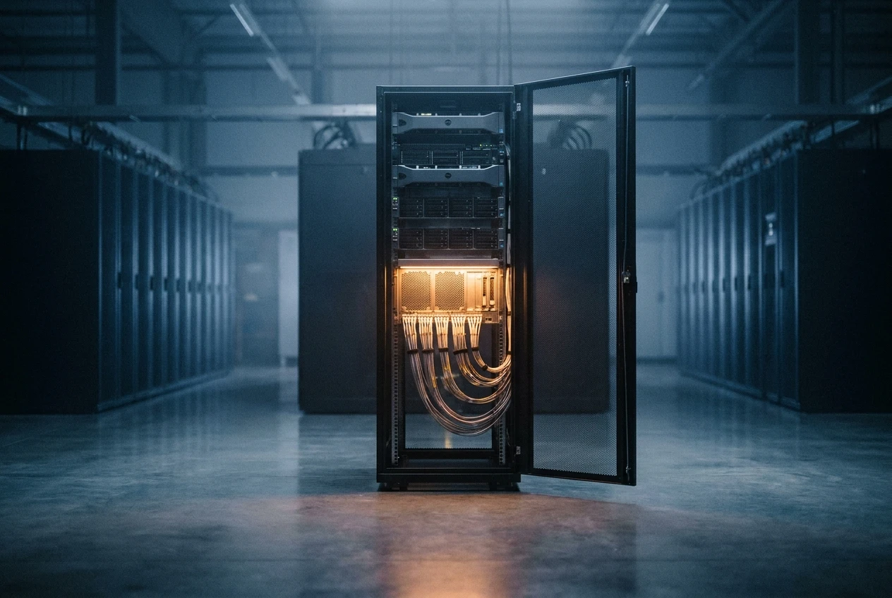 Server rack interior with one TPU module glowing amber, symbolizing the Google Anthropic compute investment