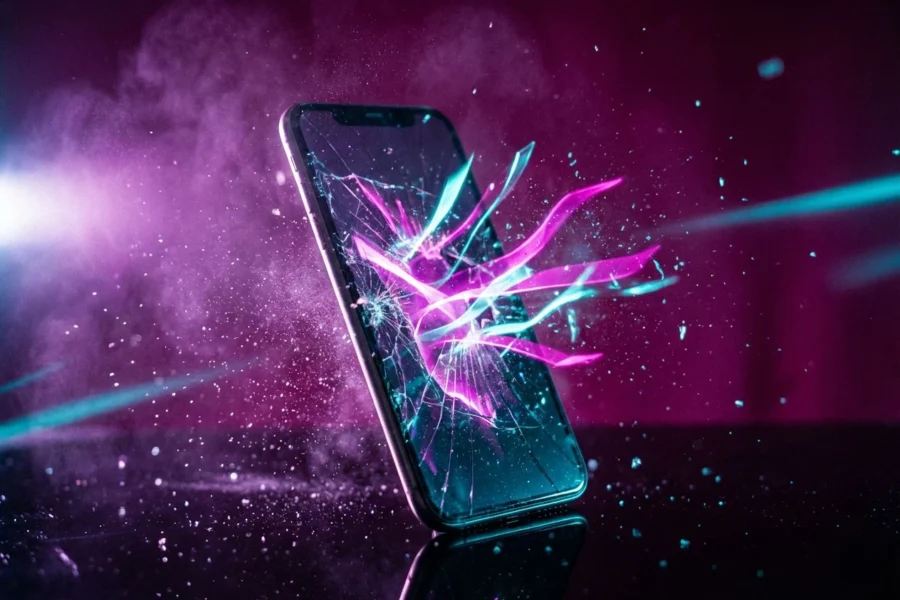 Smartphone screen frozen mid-shatter with neon ribbons bursting outward, symbolizing TikTok Meme Remixer pause