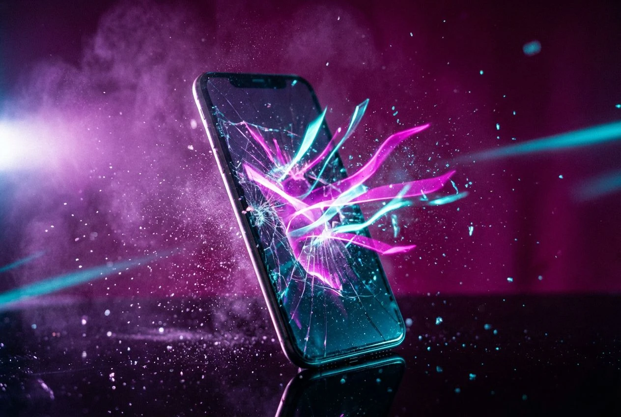 Smartphone screen frozen mid-shatter with neon ribbons bursting outward, symbolizing TikTok Meme Remixer pause