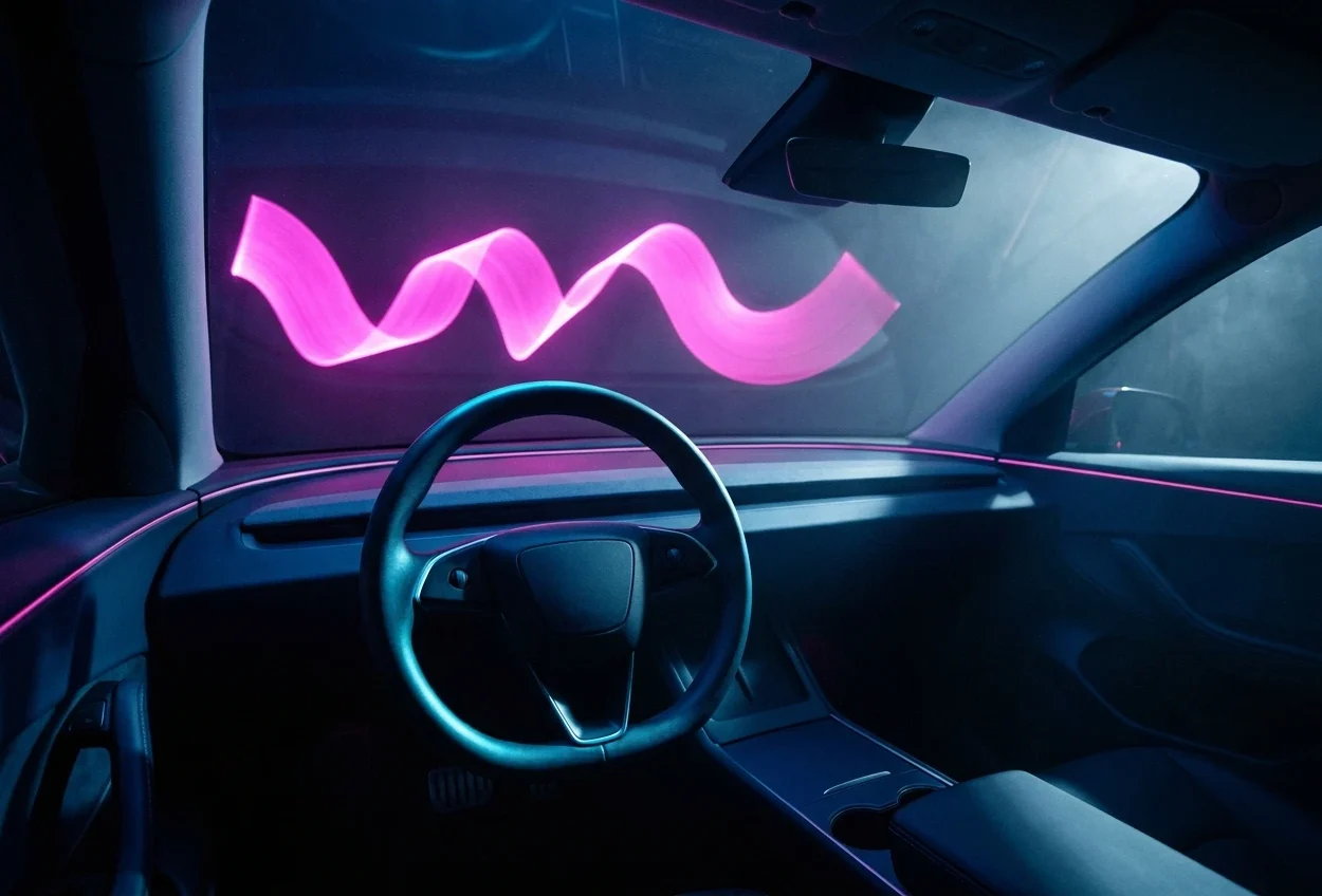 Smartphone-style voice waveform glowing inside an empty Tesla-style cabin with one illuminated steering wheel.
