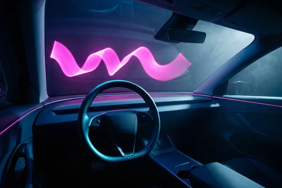 Smartphone-style voice waveform glowing inside an empty Tesla-style cabin with one illuminated steering wheel.
