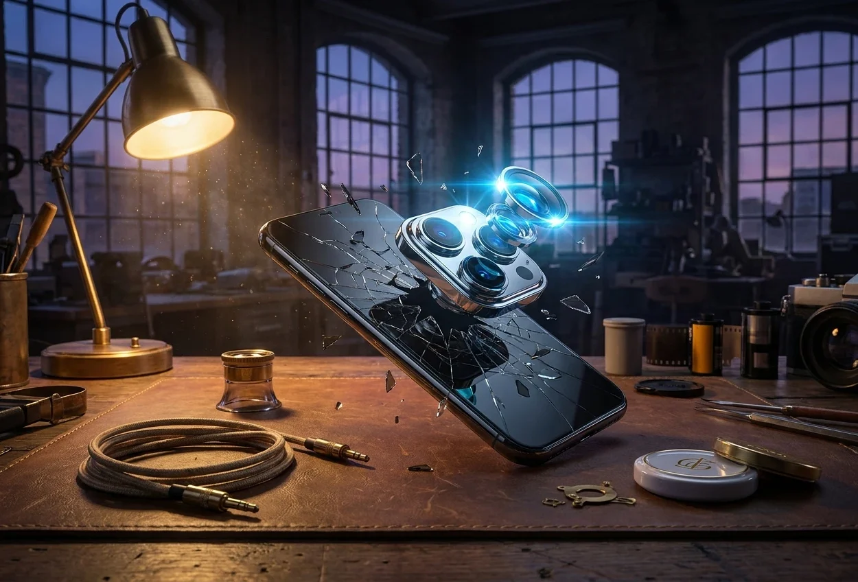 Sony Xperia 1 VIII square camera island redesign emerging from a workshop bench at dusk.