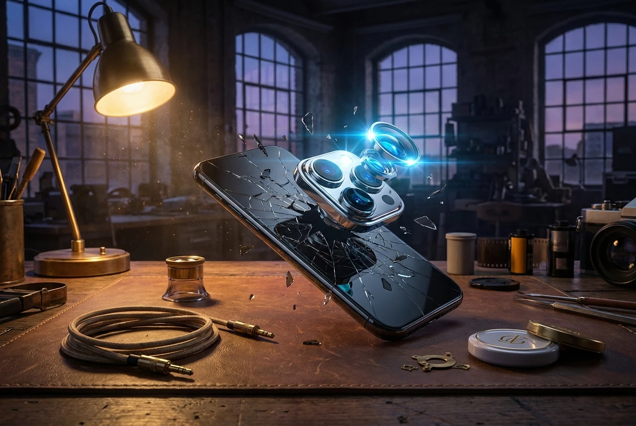 Sony Xperia 1 VIII square camera island redesign emerging from a workshop bench at dusk.