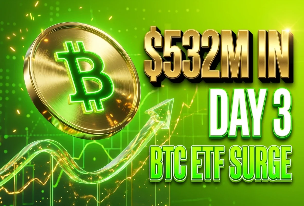 Spot bitcoin ETF inflows surge to 532 million as BlackRock IBIT leads day three.