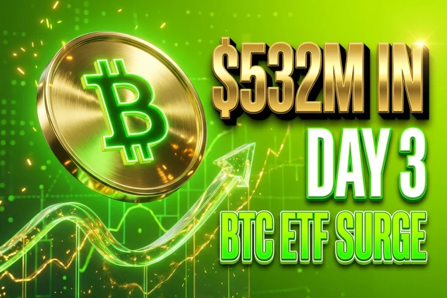 Spot bitcoin ETF inflows surge to 532 million as BlackRock IBIT leads day three.