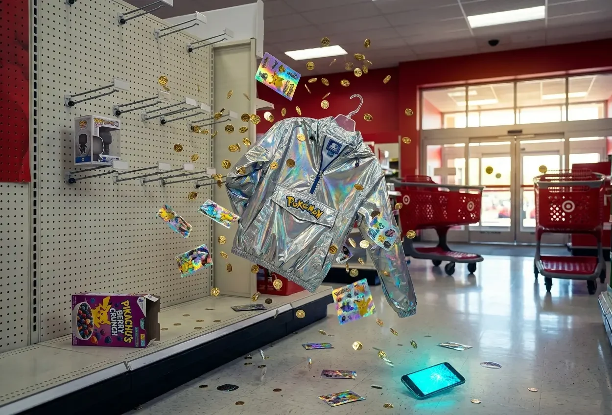 Target Pokemon 30th anniversary collection Starter jacket display in store aisle.