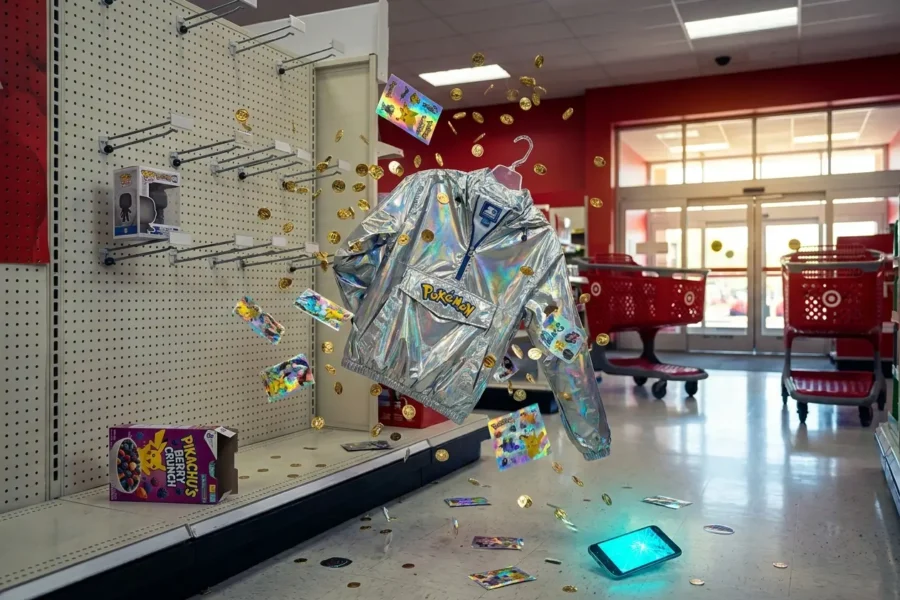 Target Pokemon 30th anniversary collection Starter jacket display in store aisle.