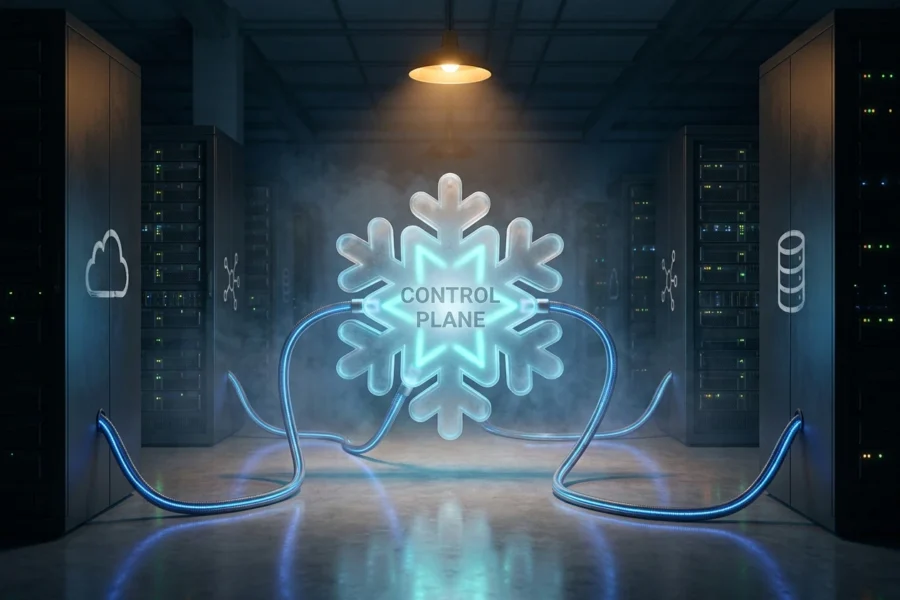 Translucent ice-blue control panel routing cables to rival data systems for Snowflake Cortex Code agents.