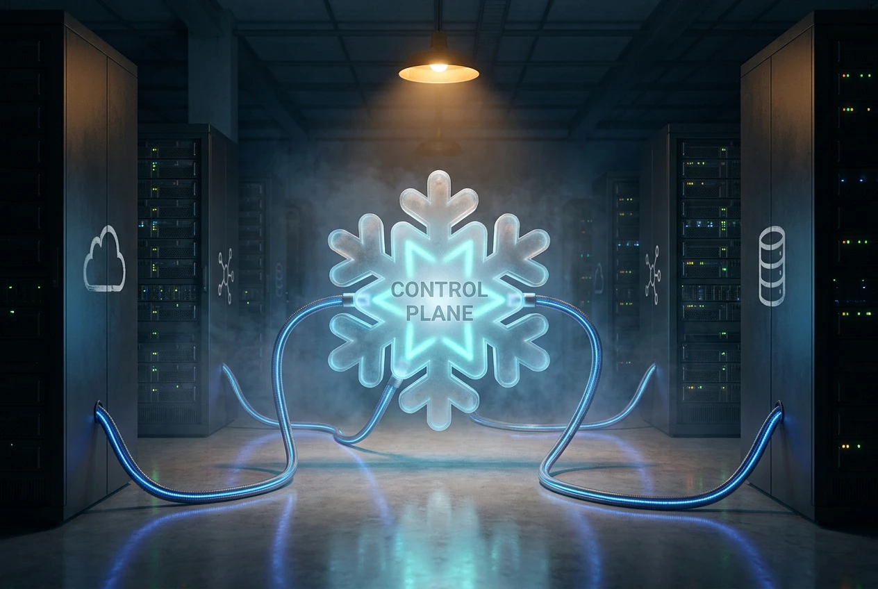 Translucent ice-blue control panel routing cables to rival data systems for Snowflake Cortex Code agents.