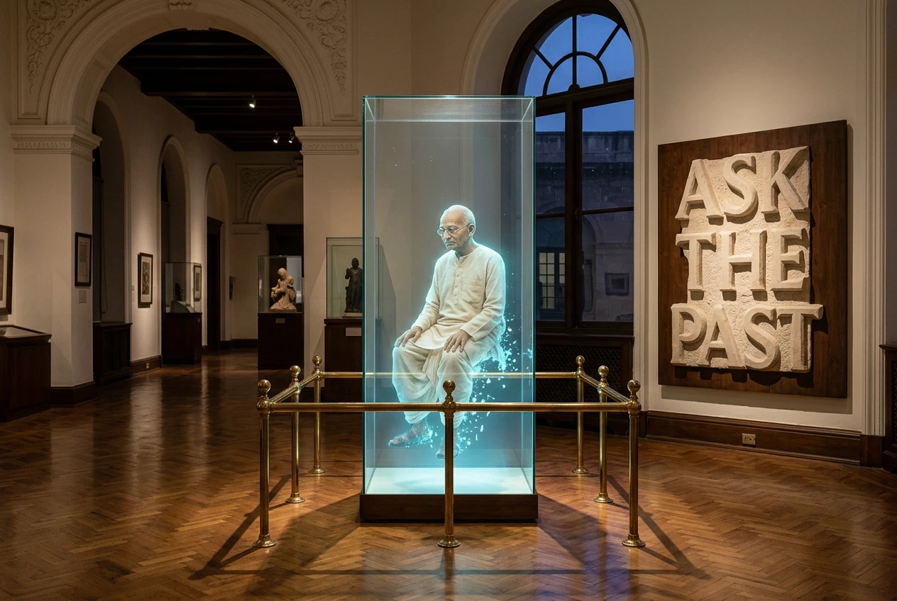 Transparent holobox of Mahatma Gandhi glowing in a museum gallery, showing Pradhanmantri Sangrahalaya AI avatar.