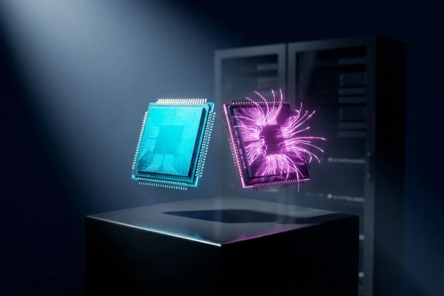 Two glowing custom AI accelerator chips on a dark substrate representing Google TPU 8t training and TPU 8i inference.