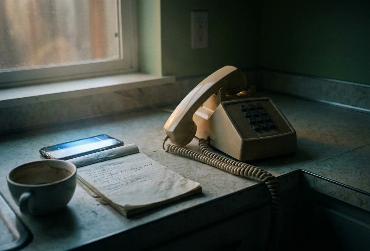 Vintage landline phone receiver lifted off its cradle in a dim kitchen, evoking AI voice clone scam emergency calls