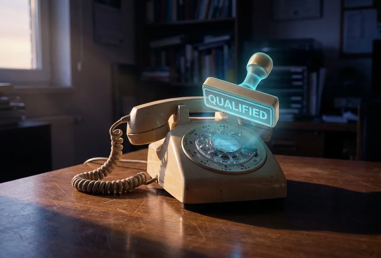 Vintage rotary phone on a desk with a glowing AI verification stamp etched into the receiver, marking a qualified Google Ads call lead.