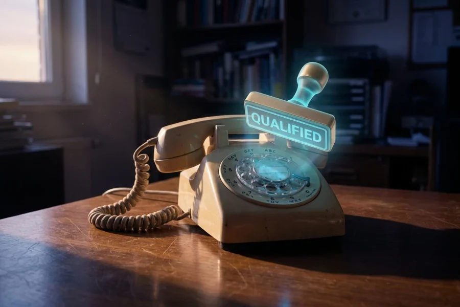 Vintage rotary phone on a desk with a glowing AI verification stamp etched into the receiver, marking a qualified Google Ads call lead.