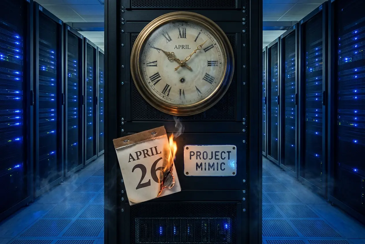 Wall clock with hands frozen at April 1 inside an OpenAI server room as a calendar burns nearby