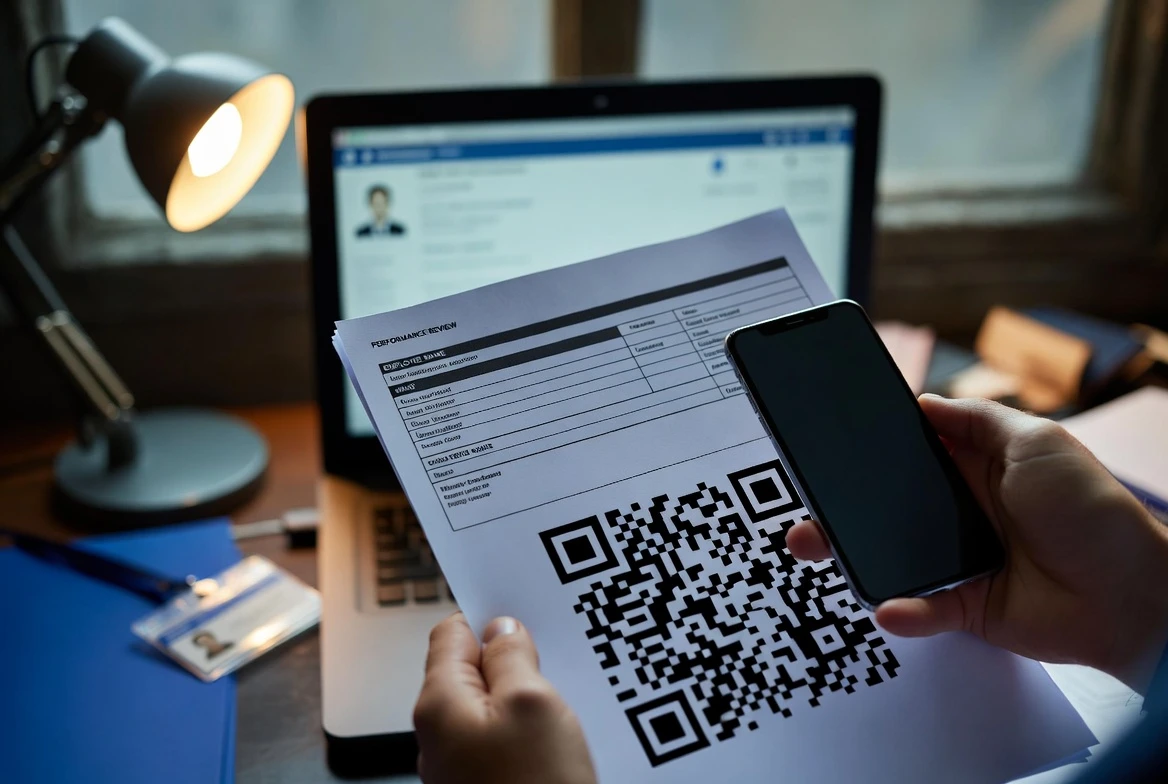 QR code email scam targeting employee reviews needs verification.