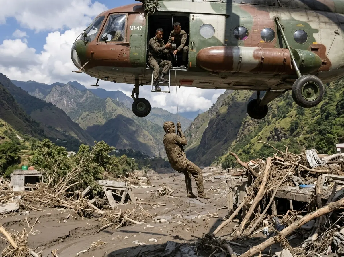 Nepal army helicopter airlifts flood survivors from Trishuli mud