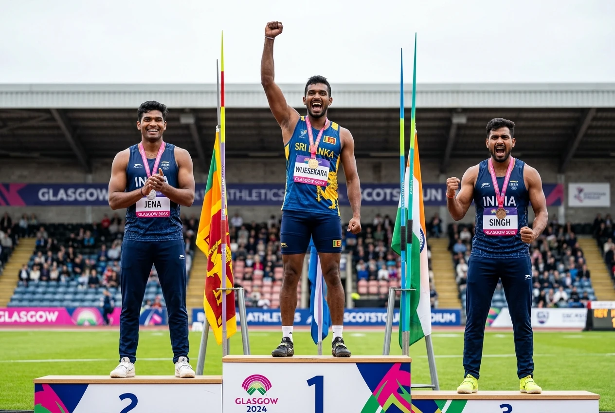Pathirage Chopra Yash Vir CWG 2026 javelin podium Glasgow