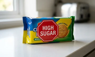 red hexagonal FSSAI warning label on packaged snack high sugar
