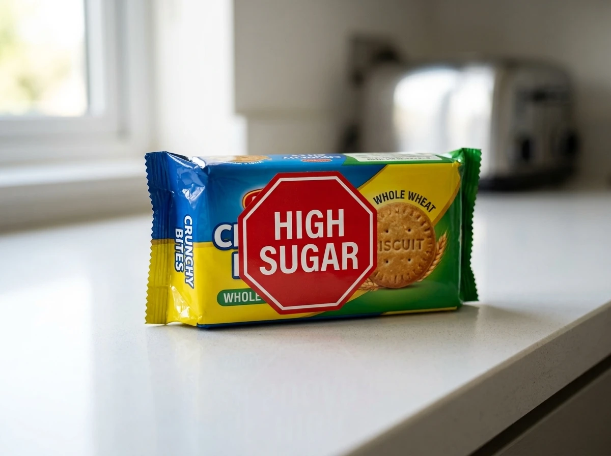 red hexagonal FSSAI warning label on packaged snack high sugar