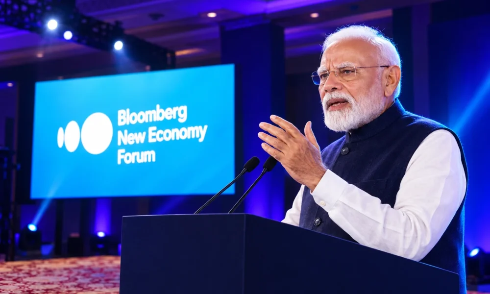 Narendra Modi Bloomberg New Economy Forum Delhi trust pitch