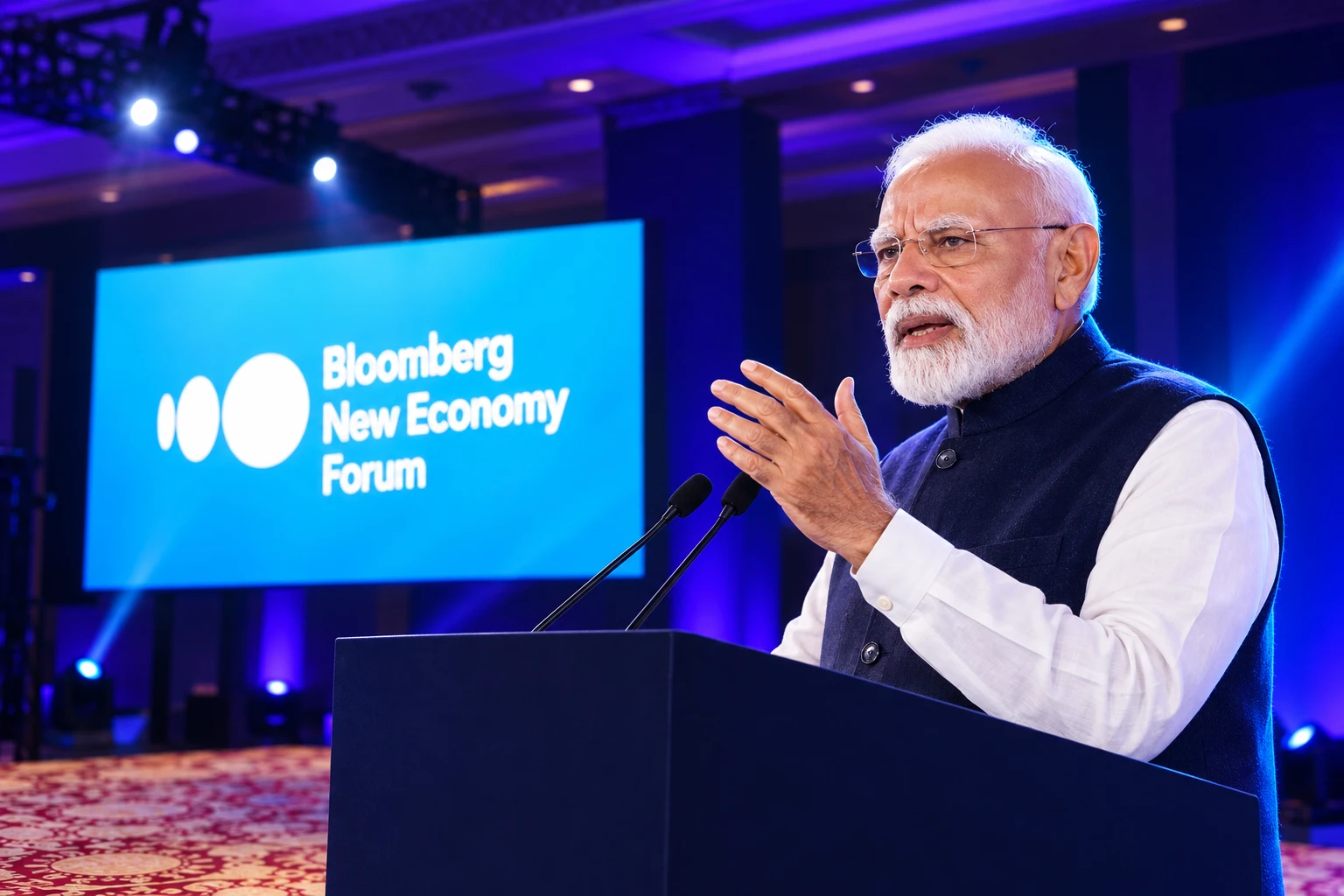 Narendra Modi Bloomberg New Economy Forum Delhi trust pitch